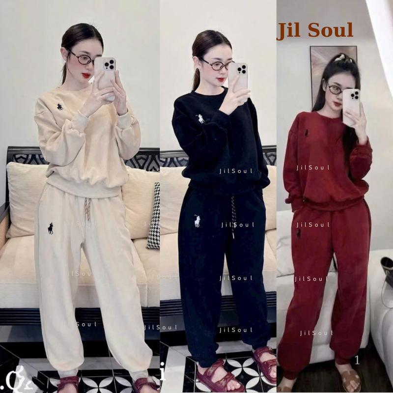 Bộ quần áo nỉ nam nữ cổ tròn thêu ngựa tay, quần bo gấu chất nỉ 2 da l2 mềm mịn kiểu dáng thời trang.