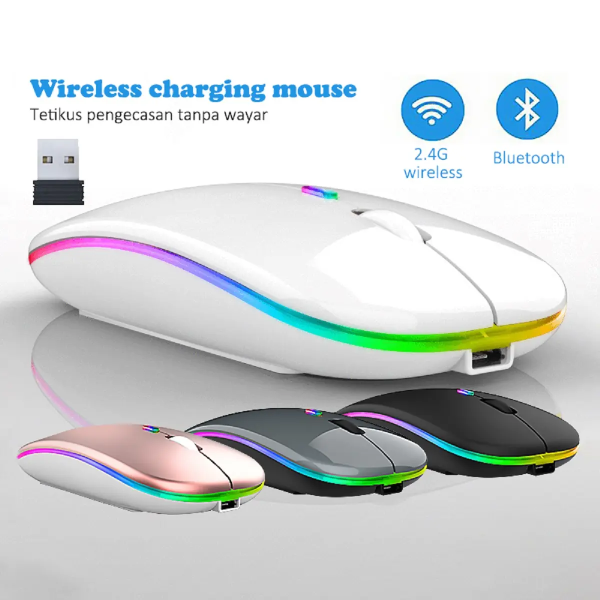 Wireless Mouse Bluetooth 2.4Ghz Receiver Optical Adjustable Wireless Mice Rechargeable for PC Laptop IPad