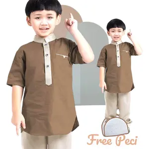 FREE 1 PECI - Koko Anak Laki-laki Terbaru Usia 1-12 Tahun - Setelan Koko Anak Model Polos Terlaris - Fashion Koko Anak Anak Terbaru Lengan Pendek - Baju Koko Anak Warna Coksu - Muslim - Kurta - Katun