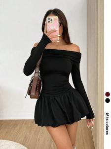 Vestido de mujer sin hombros con adorno de olán, elegante y casual de manga larga, vestido corto para uso diario y al aire libre, vestido para damas para todas las estaciones