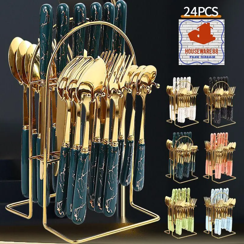 Sendok Cutlery Set Sendok Sultan Makan Set Isi 24 Set Gold Marble Bahan Stainless Tebal Rapi Golden Spoon Marble Rak Stainles gold