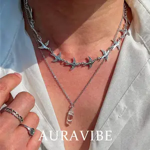 AURAVIBE-Kalung pria dengan desain unik, liontin burung rantai dua lapis yang stylish,cocok untuk tampilan street fashion atau kasual. Aksesori yang mudah dipadupadankan,