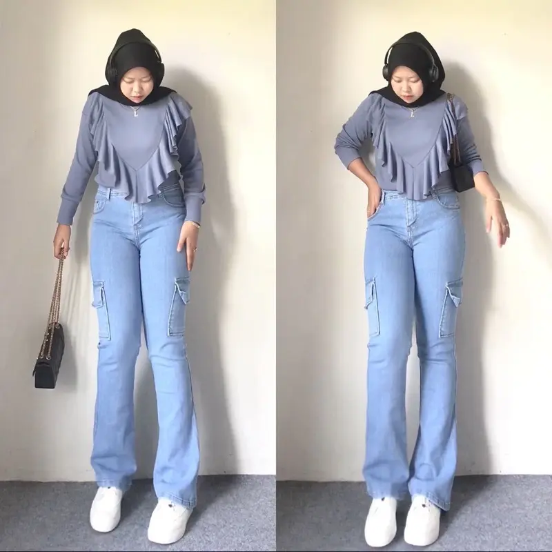 Celana Cargo Cutbray Stretch Highwaist Jeans Size27-34 Panjang Wanita Loose 1
