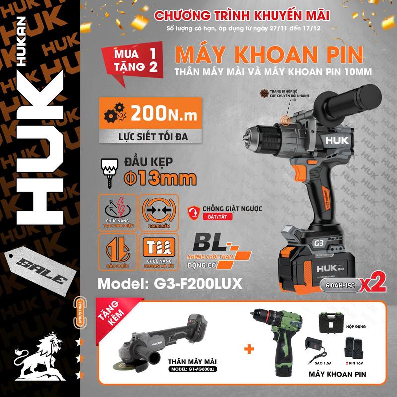   Mua 1 Tặng 2  Máy Khoan 13mm Hukan G3-F200 LUX Lực Siết 200N Không Chổi Than Anti KickBack Bảo Hành 1 Năm 