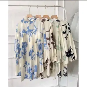 Baju Panjang Munna Blouse Plisket Motif Bunga untuk Wanita, Bahan Twiscone Nyaman