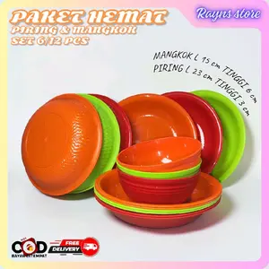 PAKET COMBO HEMAT6/12 PCS,mangkok & piring plastik varian warna merah,hijau,orange Peralatan dapur,Kitchenware,Makan Souvenir