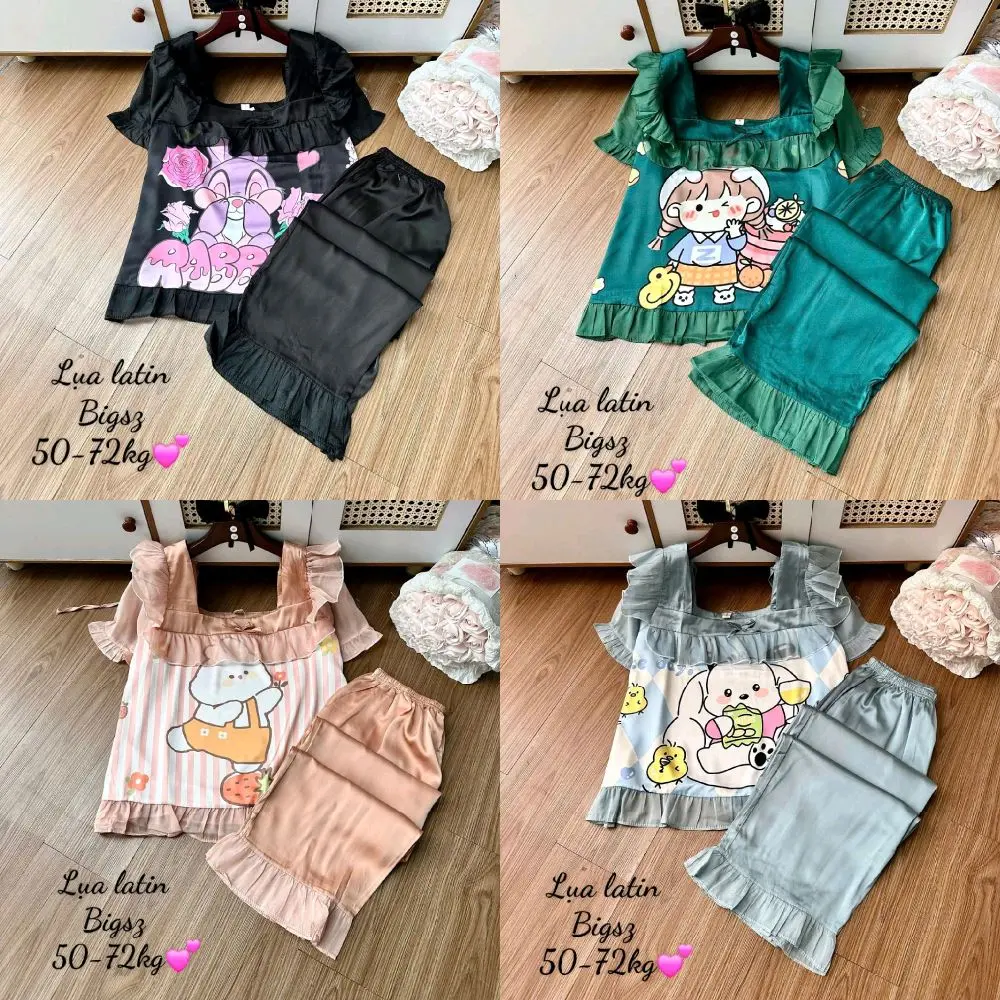 Bộ Ngủ Tb Pijama Bigsize Áo Cổ Vuông Phối Ren Có Nơ Tay Quần Dài Thiết Kế In Nỗi Dành Cho Nữ Từ 63kg Đến 78kg - Chất Lụa Xước Thiết Kế In Nỗi Voi Kem Tim Nhung Women đồ  ngủ tiểu thư