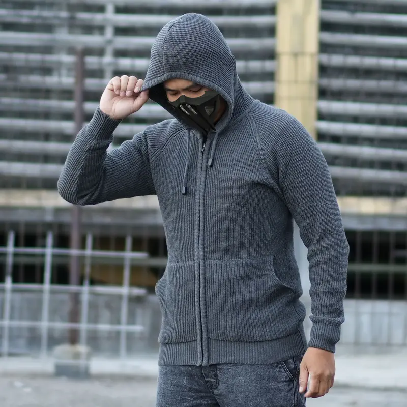 Elmour Rajut Pria Hoodie Resleting Saku Bahan Katun Tebal 4