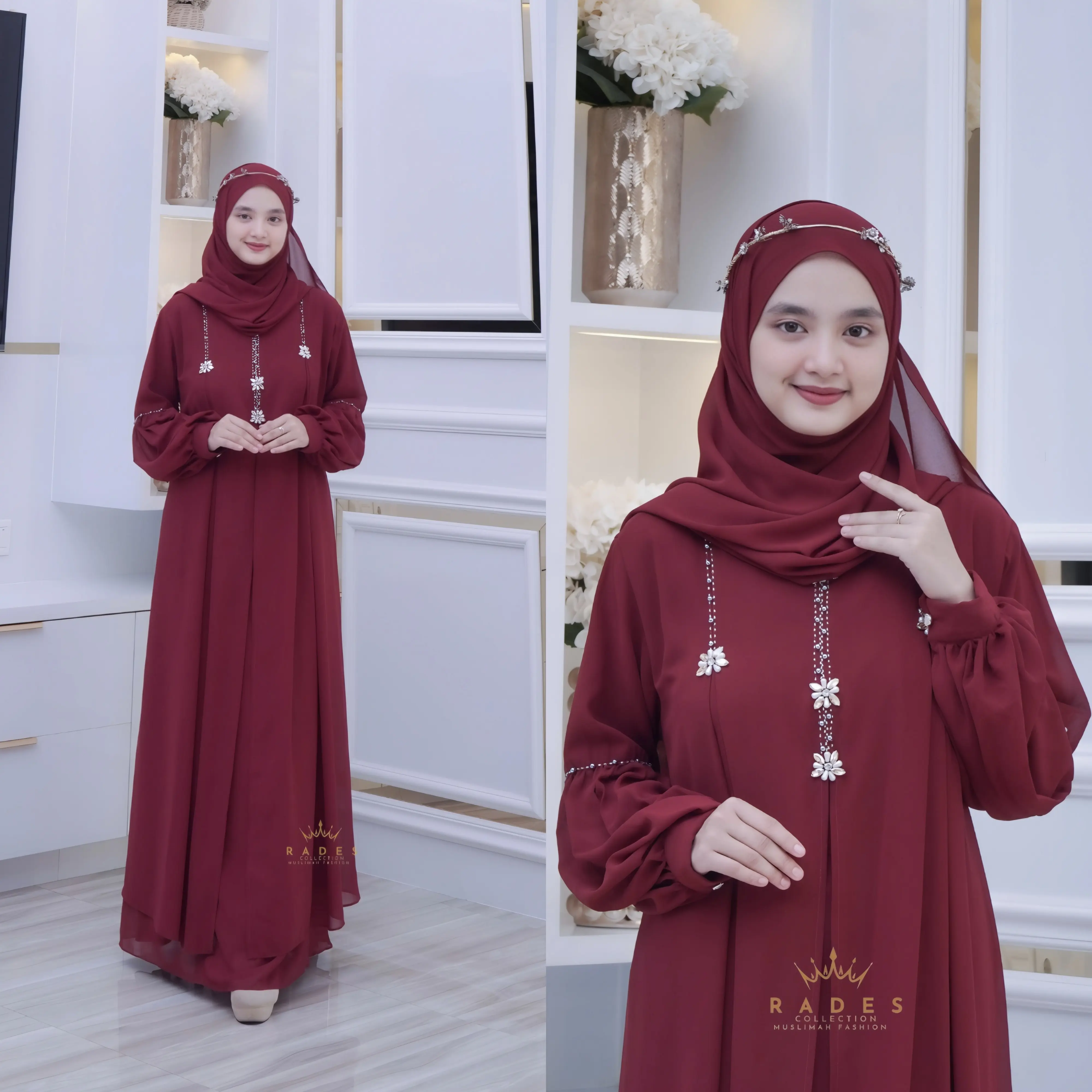Gamis Tiara Set Pashmina Dress Muslim Wanita Dewasa Remaja Syari Pesta Lebaran Bahan Ceruty Babydoll Mewah Kondangan