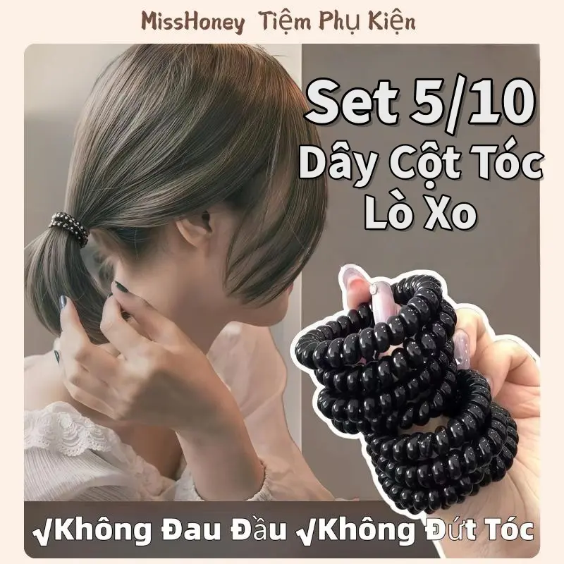 Set 5/10 Dây Cột Tóc Nhựa Xoắn Lò Xo Màu Đen Nhiều Kiểu Dáng Cho Nữ - 1