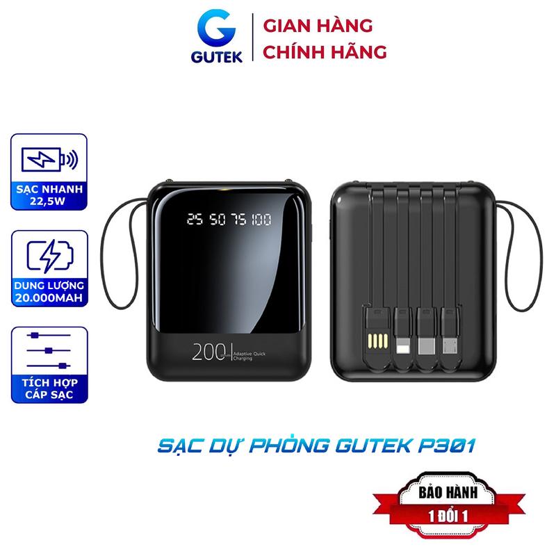 Sạc dự phòng 20000mAh Gutek P301 dung lượng pin lớn tích hợp dây cho nhiều thiết bị điện thoại Sạc Điện Thoại Pin Dự Phòng Type C