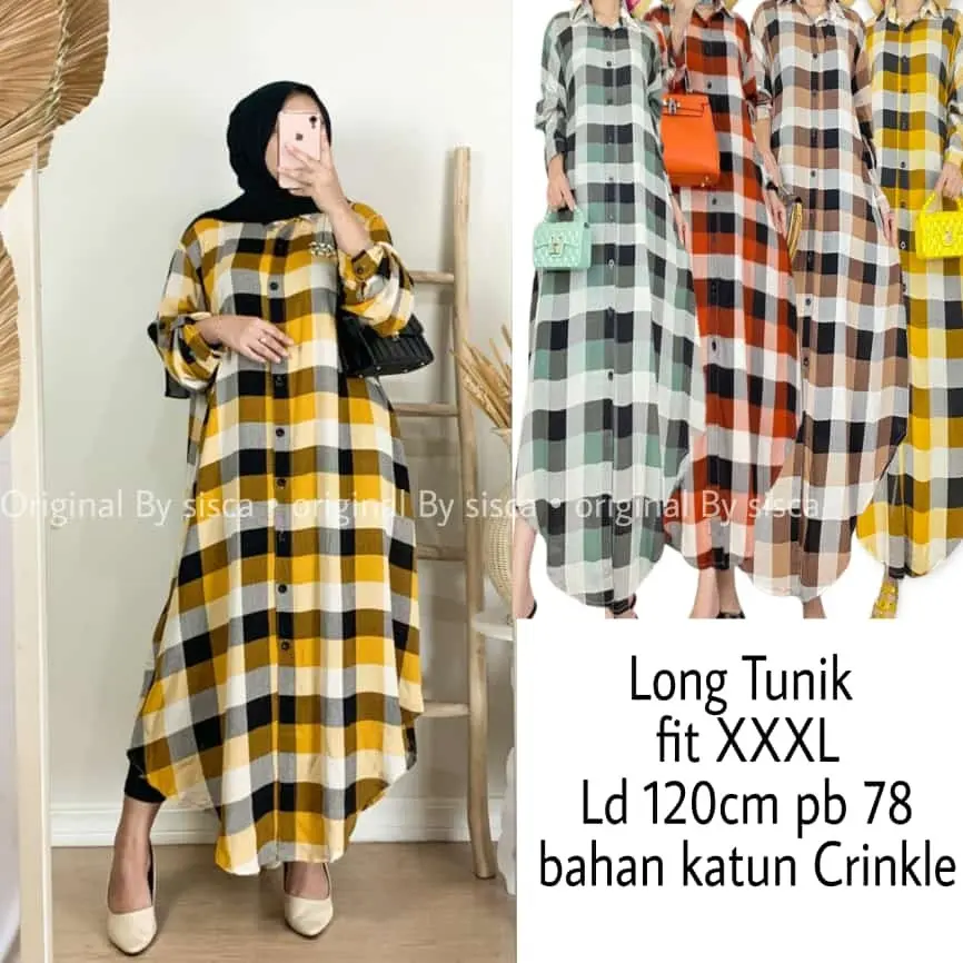 Atasan Katun Rayon Tunik Wanita Muslim motif kotak Airflow Crinkle