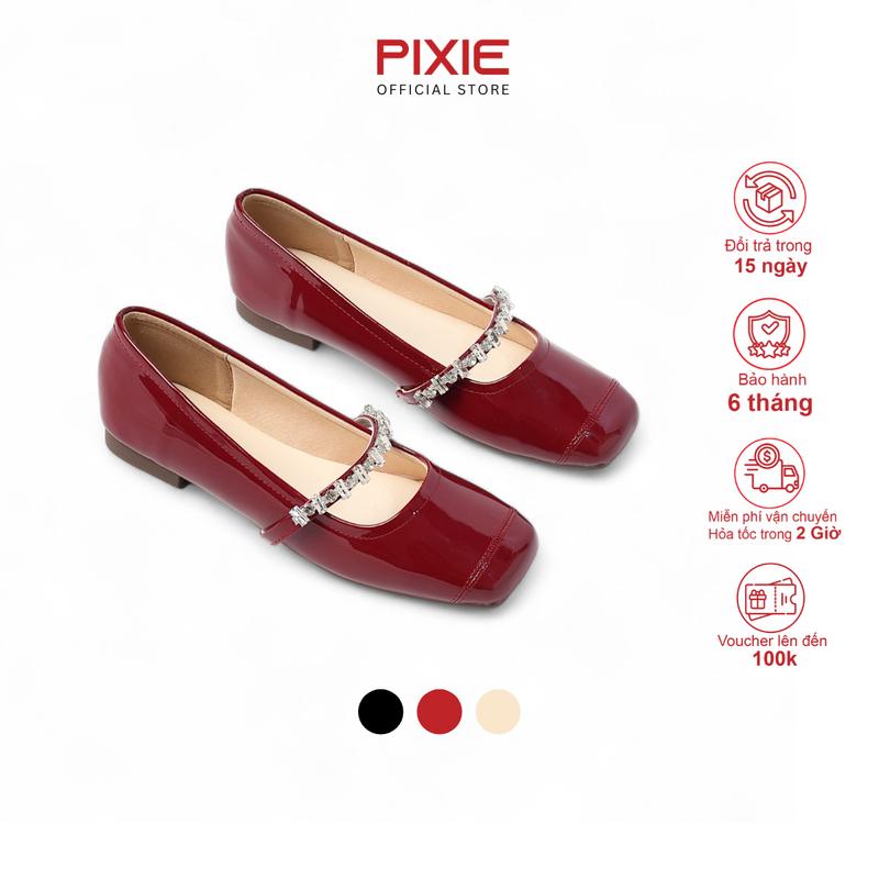 Giày Búp Bê Nữ Đế Bệt Quai Ngang Đính Đá Da Bóng Pixie H397