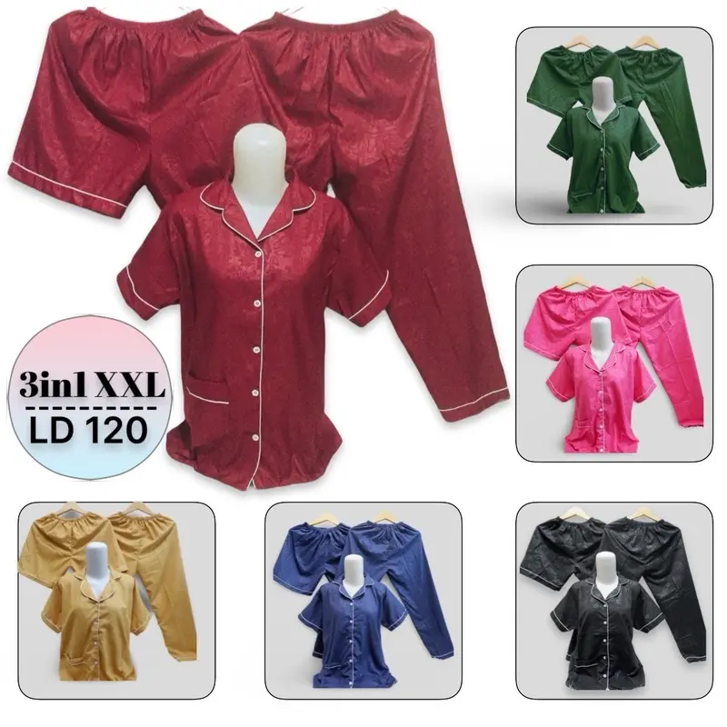 Baju Tidur Piyama Wanita Cewek Pajamas Dewasa Katun Motif Embos Celana 3in1 0