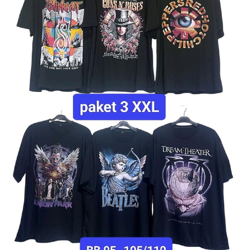 Paket 3 Kaos Band Oversize/2XL Semi Katun Dewasa dengan Sablon Plastisol Hitam - Variasi, Distro, Motif, Polos, Oblong, Pria, Panjang, Wanita 2