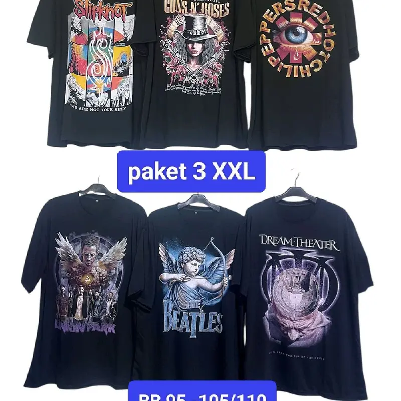 Paket 3 Kaos Band Oversize/2XL Semi Katun Dewasa dengan Sablon Plastisol Hitam - Variasi, Distro, Motif, Polos, Oblong, Pria, Panjang, Wanita 2
