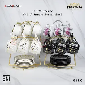 Fiorenza - Tea Set Cangkir & Gelas Kopi Teh Keramik Elegan Kitchenware | Motif Marble Lining Gold Bunga 812C