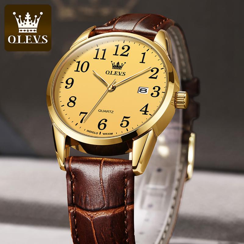 Đồng Hồ Nam, OLEVS, 100% Chống Thấm Nước 30m, Phong Cách Doanh Nhân, Dây Đeo Thắt Lưng Màu Nâu Da Thật, Mặt Số Thời Trang, Có Lịch Và Đèn Ngủ, Thương Hiệu Nổi Tiếng, Hỗ Trợ Bảo Hành, Nhiều Dây Da Có Sẵn, Mẫu 5566 6