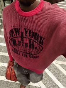 ユニセックス ニットプルオーバー セーター、春秋冬 長袖 ラウンドネック ドロップショルダー、シティプリント レターパターン