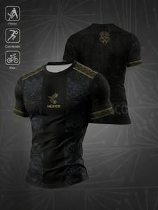 Camiseta de fútbol para hombre México Azteca negro y dorado — camiseta deportiva transpirable de secado rápido, prenda athleisure para gimnasio, correr, ciclismo y uso casual; top de rendimiento todo en uno, camiseta fitness retro Y2K streetwear.