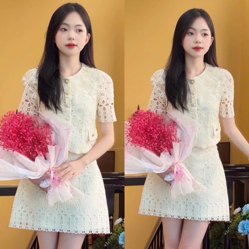 MiiuShop- Set ren ngắn cổ sen gồm áo và chân váy