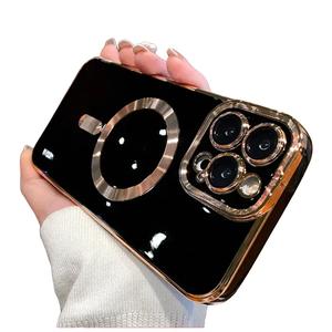 WUJU Luxury Plating Frame Magnetic Wireless Charge Phone Case Compatible For iPhone 11 12 13 14 15 16 Pro Max Soft Silicone Shockproof Bumper Electroplate Magnetic Case Cover