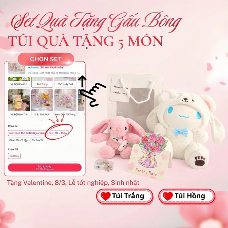 [3 Set] Set Quà Gấu Bông Móc Khoá Gấu Bông Thơm Thỏ Tai Dài + Thiệp + Đèn Led, Gấu Bông Quà Tặng Set Quà Tặng Gấu Bông Trong Túi Đựng Tặng Người Yêu, Bạn Thân, Quà Sinh Nhật