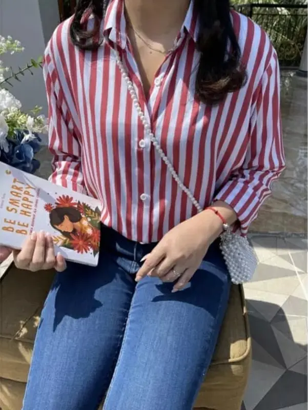 KEMEJA WANITA STRIP TERBARU / ATASAN SALUR MODEL KOREA LENGAN PANJANG Baju Casual Motif Stripe Oversize 3