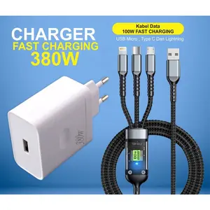 Charger 380W Reno 8 + Kabel Data 3in1 Fast Charging 100W USB Micro, Type C, Lightning Best Quality
