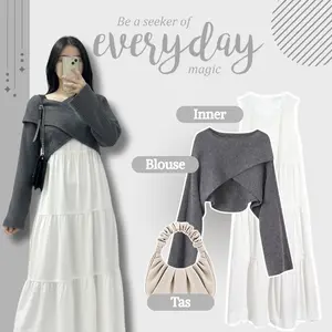 One Set Wanita Korean Look l Cardigan Abu Inner Dress Ruffle Shoulder Bag l Simple Look Korean GO262