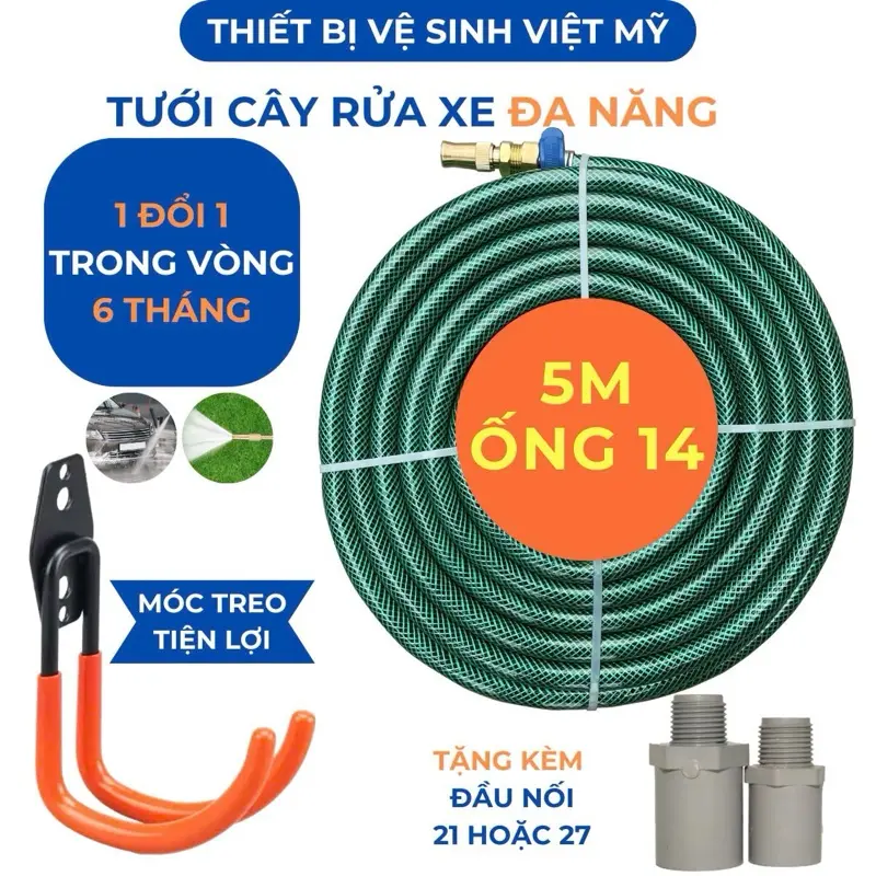 Bộ dây màu xanh 5M nhựa dẻo ,rửa xe. tưới cây(phi 14mm) béc đồng thau tăng áp+ đầu nước vô con táng bằng đồng ren trong 21mm voi tuoi 0