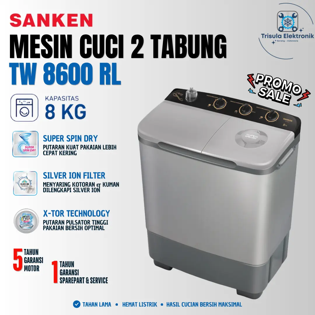 [PROMO] Sanken Mesin Cuci TW8600RL / TW 8600RL, 2 Tabung Kapasitas 8Kg Mencuci Cepat - Hemat Listrik