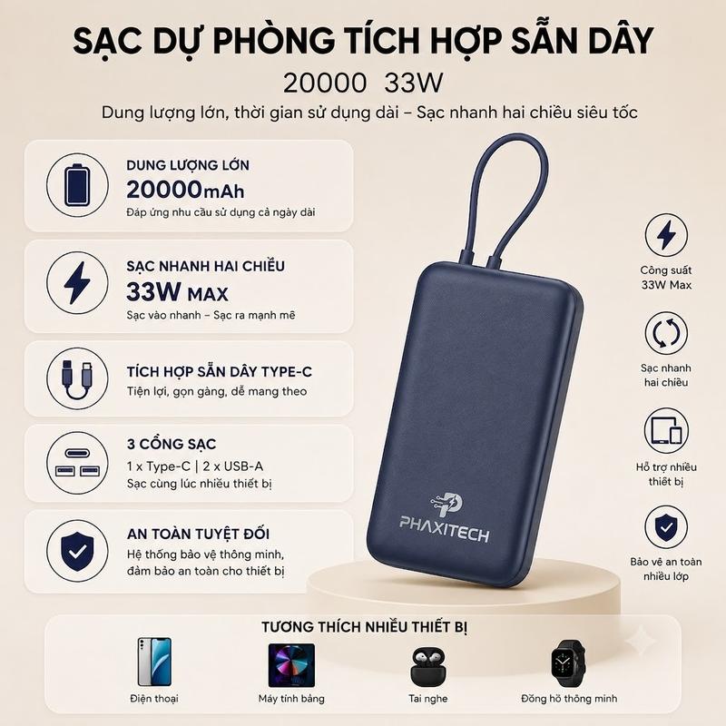 Pin dự phòng 20.000mAh sạc nhanh 33W hàng lướt BH 12T CHÍNH HÃNG PHAXITECH