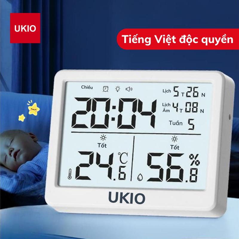 Nhiệt Kế Đo Nhiệt Độ Độ Ẩm Cho Bé UKIO – Màn Hình LED Cao Cấp Cảnh Báo Nhiệt Độ Đèn Nền Cảm Biến Đồng Hồ Decor Hiển Thị Lịch Âm Dương.
