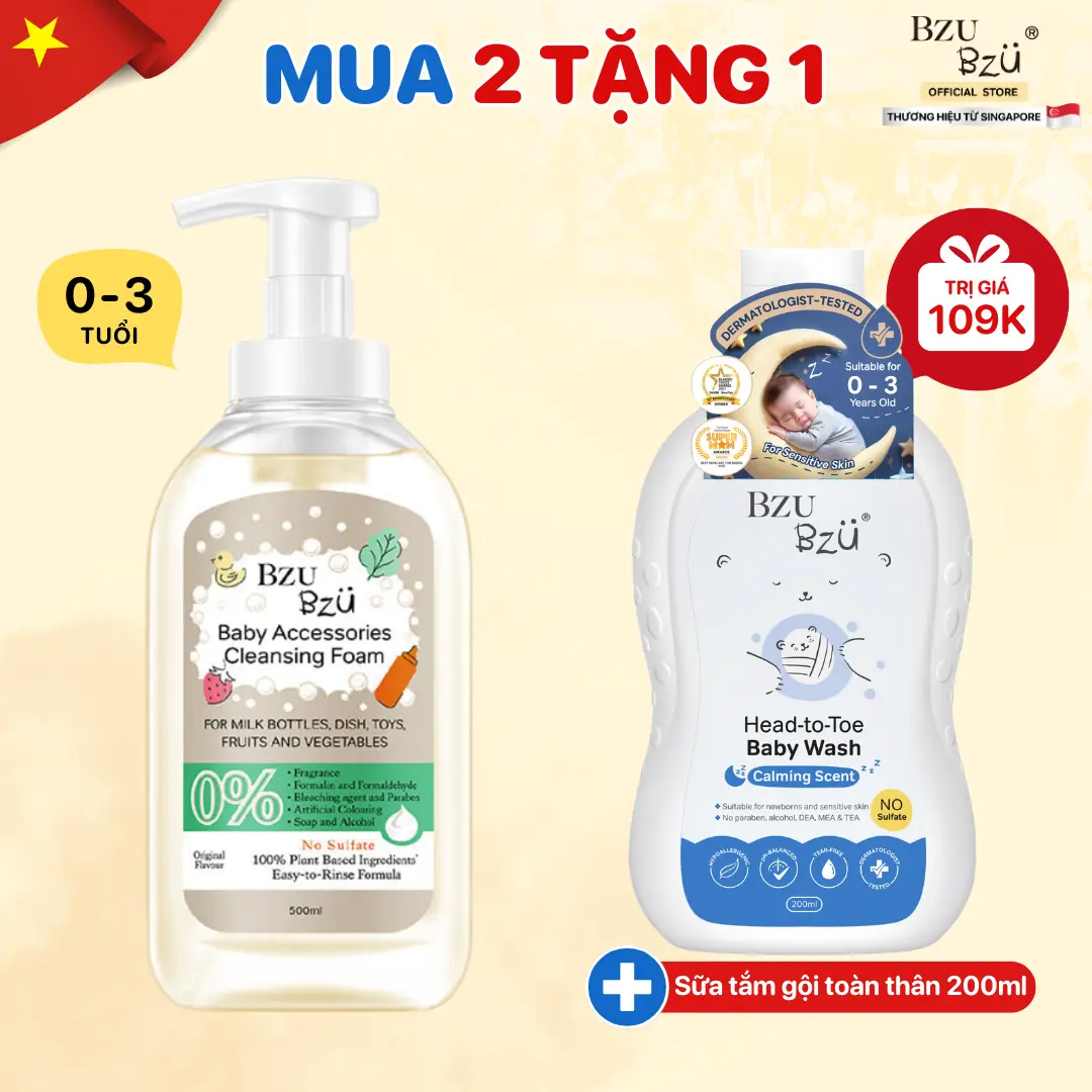 Nước Rửa Bình Sữa Và Đồ Dùng Em Bé BZU BZU Baby Accessories Cleansing Foam Chai 500ml Hương Tự Nhiên