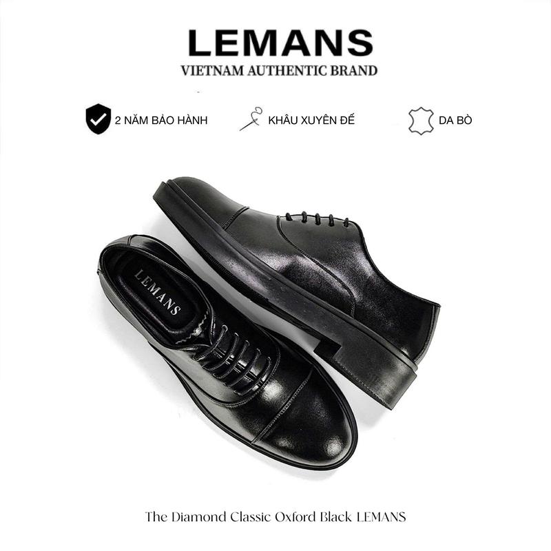 Giày công sở Oxford Black LEMANS, Da bò nguyên khối,Đế Lemans, tăng cao 4cm Bảo hành 24 tháng
