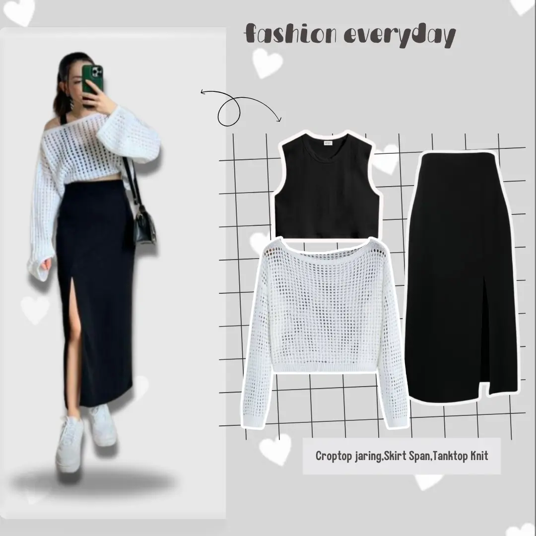 One Set Setelan Wanita 3in1 Korean Style Atasan Croptop Jaring / Long Skirt Span / Basic Tanktop Knit BC3