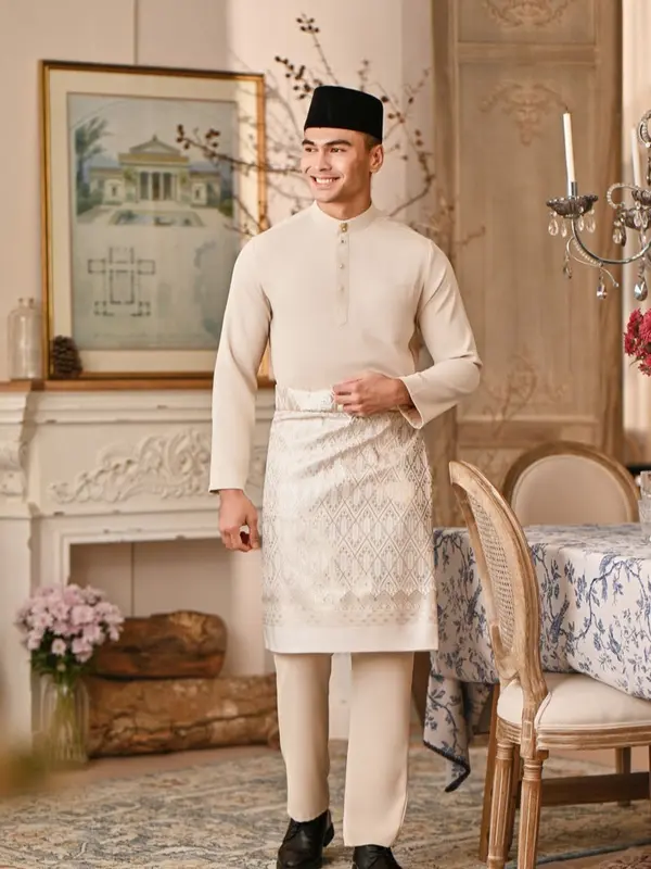 Satu Set Baju Celana dan kain songket/rumpak Teluk Belanga Cekak Musang Pria Melayu Kurung Setelan Pakaian Adat Malaysia Riau Koko Dewasa 6