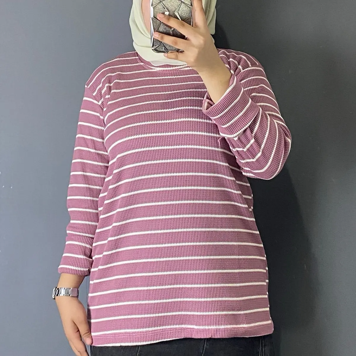 Kaos rib lengan panjang kaos wafer salur lengan panjang kaos garis garis lengan panjang Atasan Wanita Baju Motif Crop Waffle Zebra