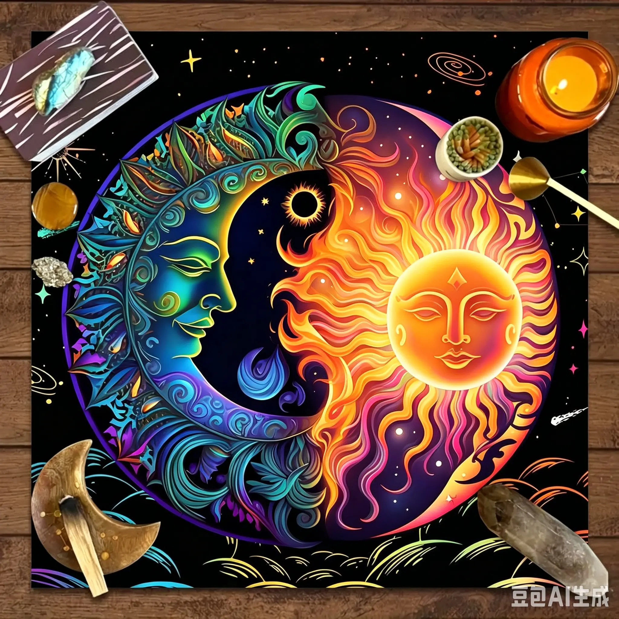 Kain Taplak Tarot Tapestry Mata Semua Melihat, Motif Matahari Bulan Bintang, Taplak Meja Ritual, Dekorasi Dinding Gantung, Latar Foto Estetik