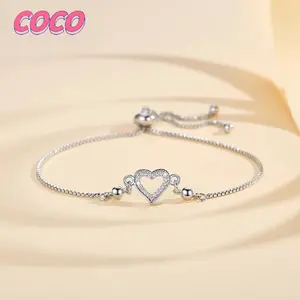 Gelang Titanium Wanita Hati Permata Perhiasan Lapis Perak Gelang Wanita Fashion Aksesoris-Coco