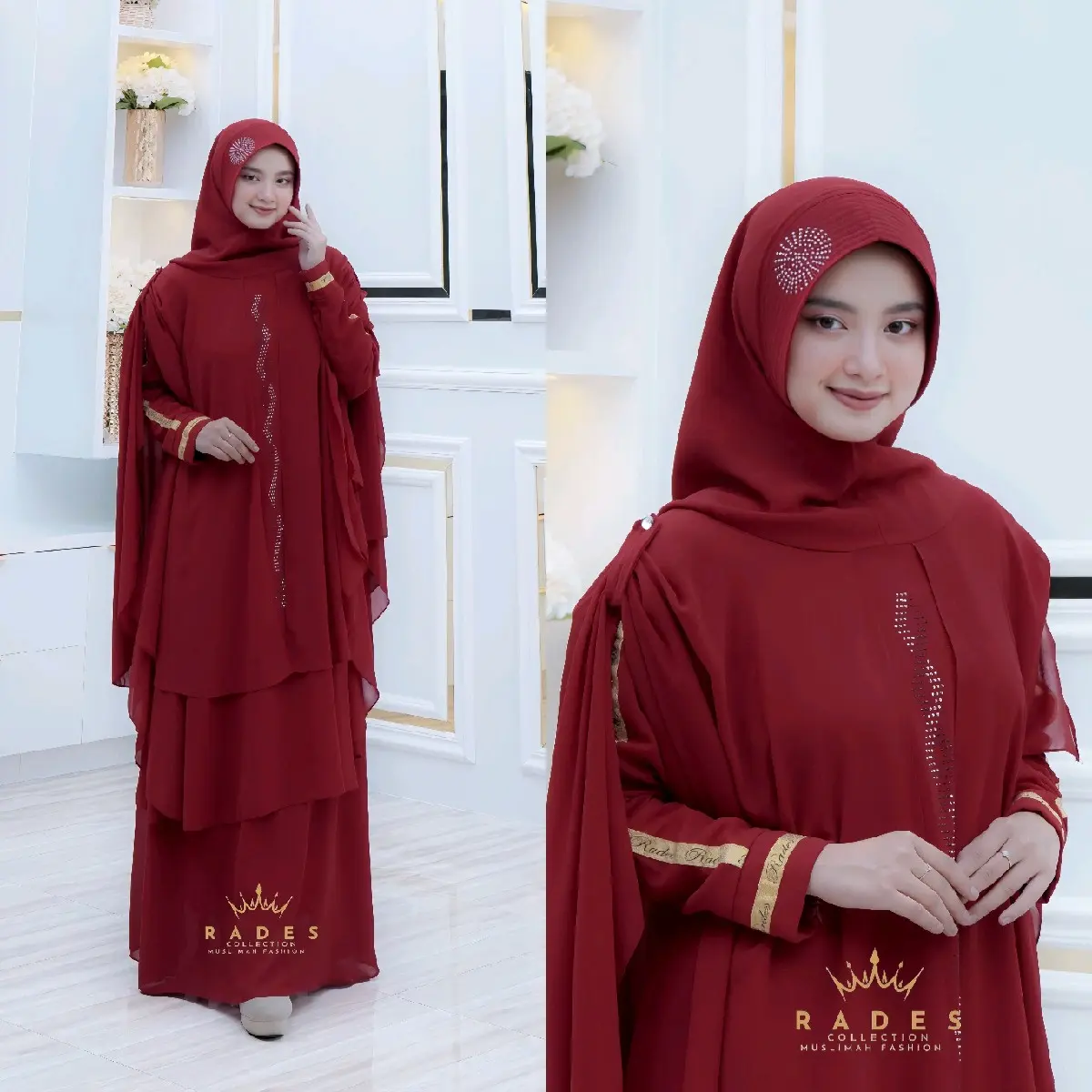 Gamis Syari Sabrina Set Khimar Ceruty Babydoll Jumbo Mewah Kondangan Pengajian Lebaran Wanita Muslimah Dewasa Cantik Nyaman Pesta Dress Menyusui Ceruti Jilbab Panjang Maroon Ibu Layer