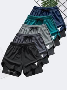 Shorts de gimnasio para hombre con estampado de letras y cabeza de toro, 2 en 1 de doble capa, corte regular, cómodos, transpirables y de secado rápido, con bolsillos para entrenamiento y correr, prendas inferiores para hombre para el verano