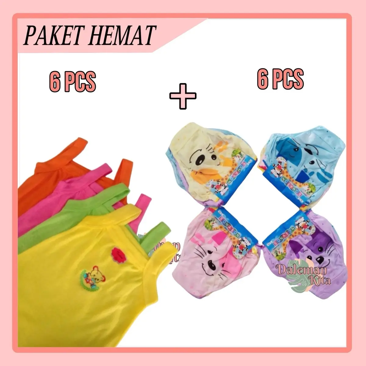 PAKET HEMAT 6pcs singlet enji + 6pcs CD motif timbul | setelan daleman anak murah | paket daleman anak