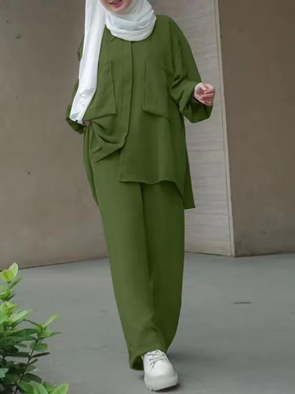 Product Introduction of High quality cross solid color blue Black Kachislin long sleeve pocket hidden door tube dyed buckle elastic waist long pants shirt set long shirt + pants 10