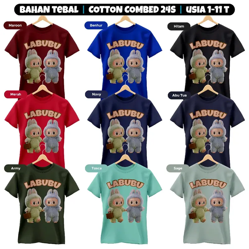 Kaos Anak Cewek Cowok Labubu 2 Katun Combed 24s 1-11 th Kain Tebal Cotton Perempuan 5