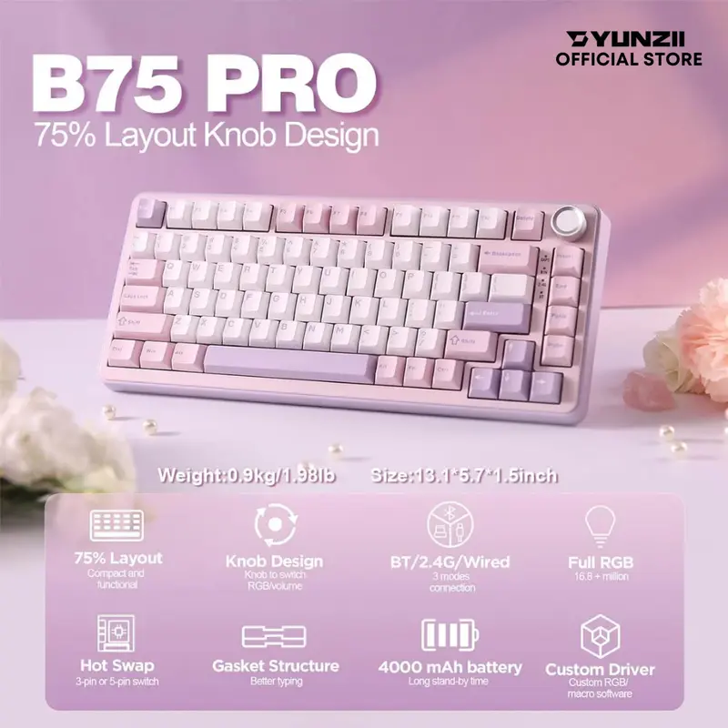 Yunzii B75 / B-75 Pro Mechanical Keyboard Gasket Wireless 3in1 Connection 1