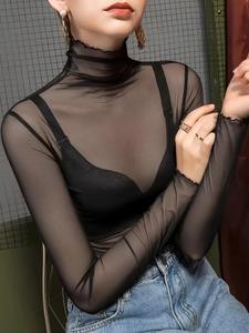 Top de malla transparente de cuello alto y color sólido para mujer, ajustado y de manga larga, ropa casual y a la moda para uso diario