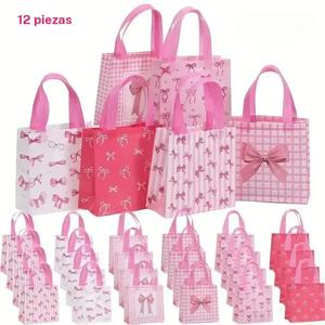 12 Bolsas de Regalo con Moños, Bolsas Tote de Compras Reutilizables de Tela No Tejida con Asas, Bolsas para Recuerdos de Fiesta para Cumpleaños, Boda, Baby Shower, Navidad (7.8x7.8x3.5 Pulgadas)