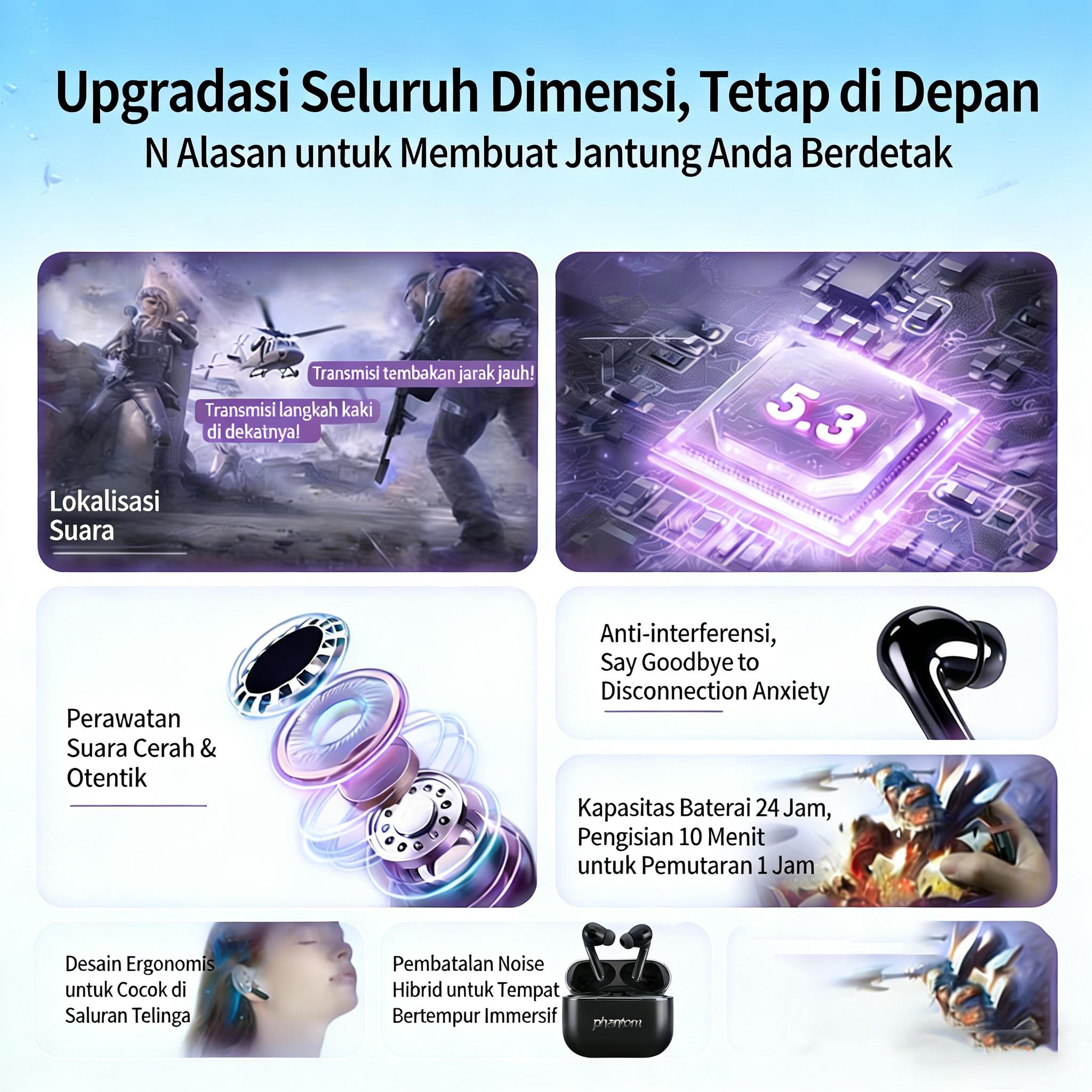 Eikelk Hsz PHANTOM S9 Earphone TWS Nirkabel, Tahan Air IPX7, Baterai Tahan Lama, Bass Kuat, Audio Surround 3D, Peredam Suara Cerdas, Gaming Esports, Panggilan, Musik, Untuk Olahraga, Earphone Bluetooth Nirkabel